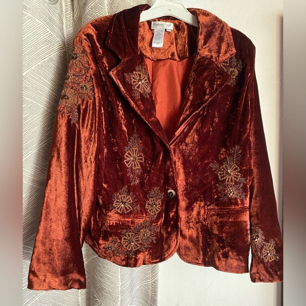 Coldwater Creek Rust Velvet Blazer with Floral Embroidery Boho Sz LP